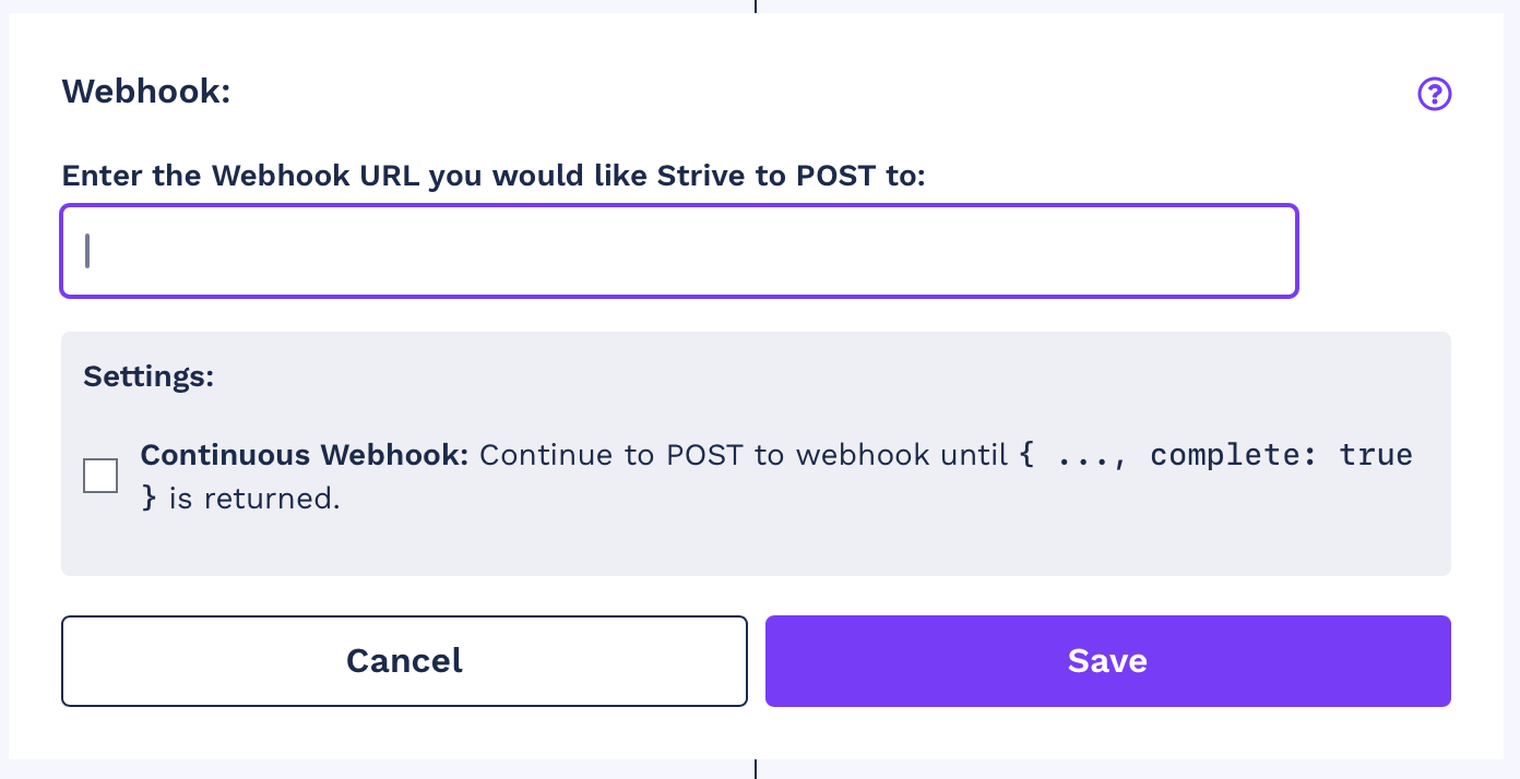 Screen snippet showing the "Webhook Url" input field.